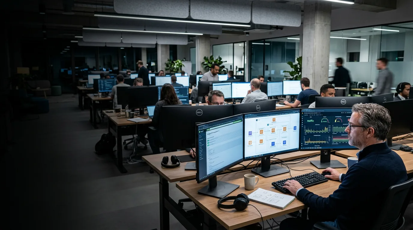 Tech-Team arbeitet an ERP-Architektur und KI-Integration auf mehreren Bildschirmen — modernes Technologie-Büro mit Entwicklern und Systemarchitekten