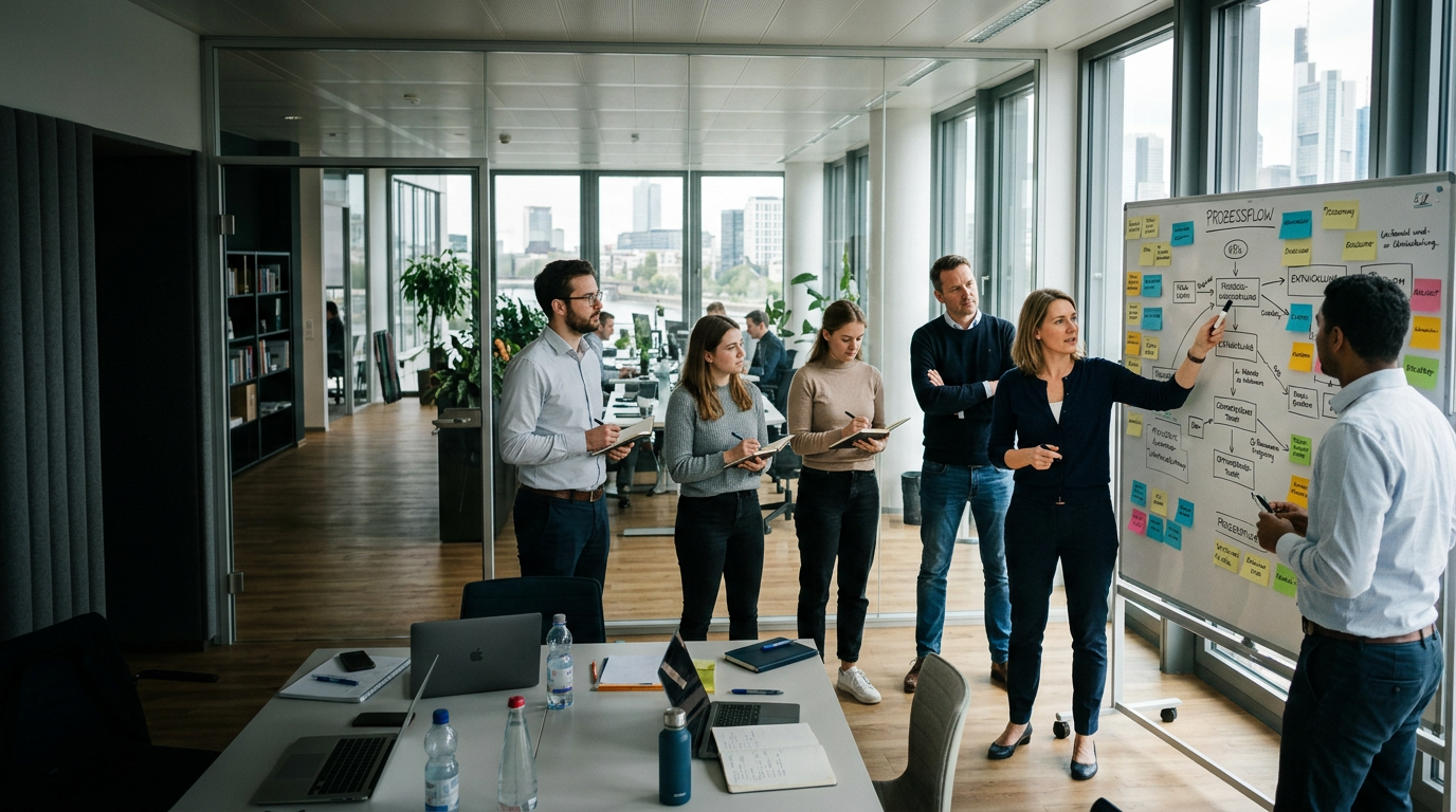 Projektteam analysiert Prozessflow an Whiteboard mit Post-its — Odoo-Implementierung mit Business Process Diagnosis in Frankfurt