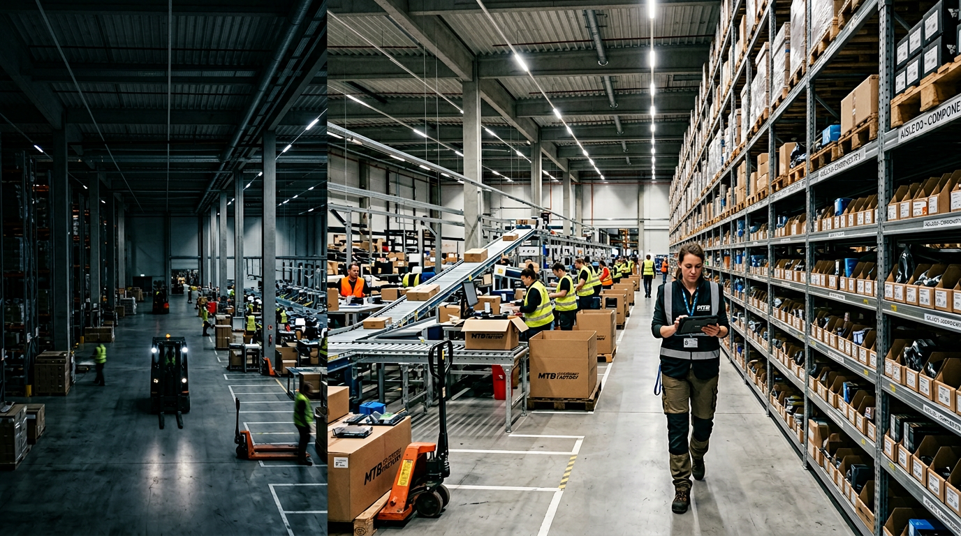 Modernes Lager mit digitalisierten Prozessen: Mitarbeiterin scannt Artikel mit Tablet, Förderbänder und Kommissionierung — E-Commerce-Fulfillment nach Shopware-Migration