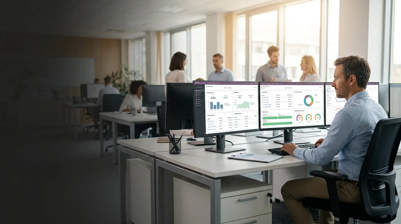 Manager arbeitet an drei Bildschirmen mit ERP-Dashboard — Odoo-Oberfläche mit Sales, Inventory und Production Analytics in modernem Büro